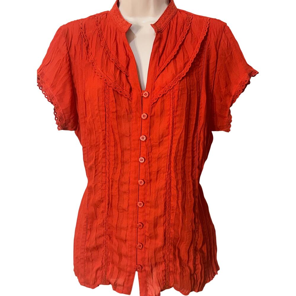NY Collection Dark Orange Button-Down Short Sleeve Top, Women's Size M